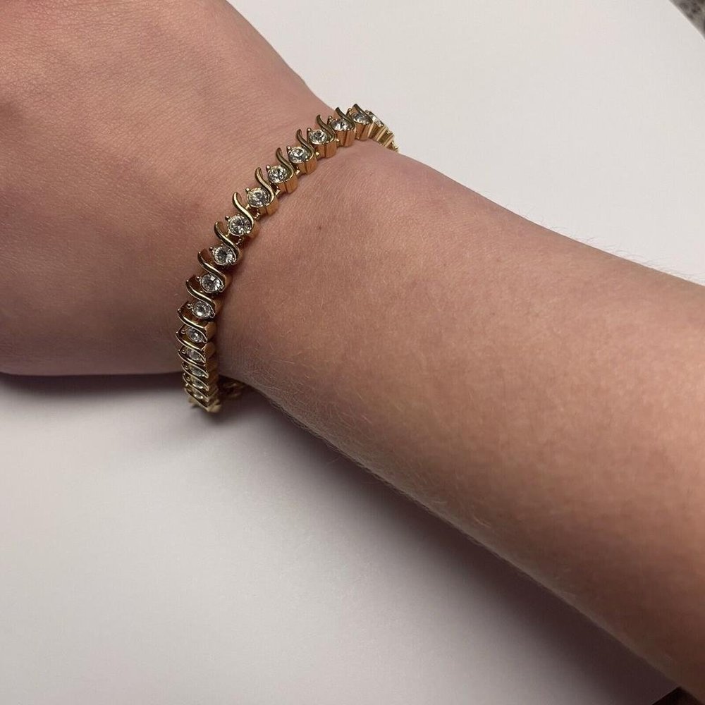Signed Napier Costume Gold Tone Tennis Bracelet Rhinestone - Evening / Party